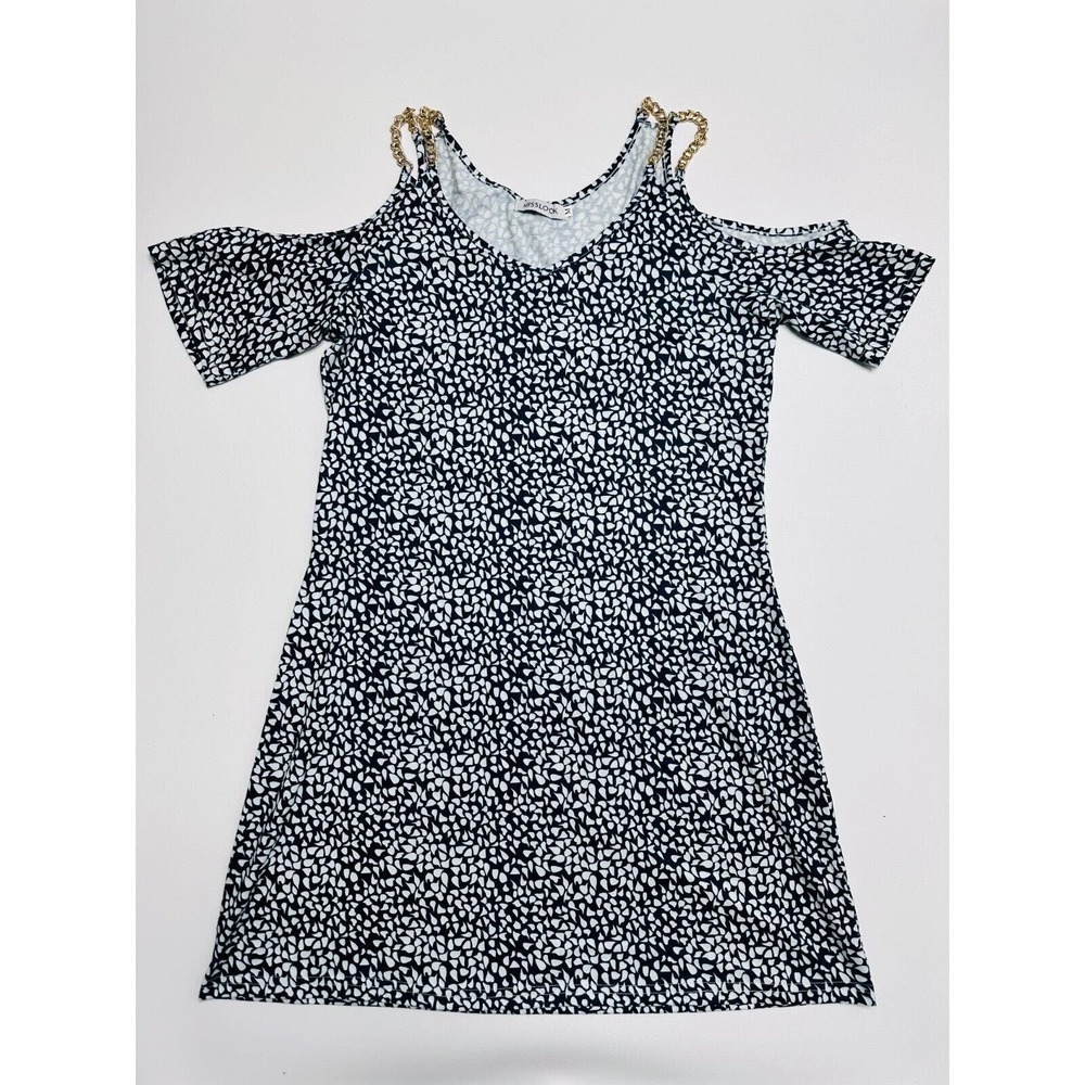 MISLOOK Womens Dress Navy Blue Pattern Open Shoulder Gold Chain Detail Size M